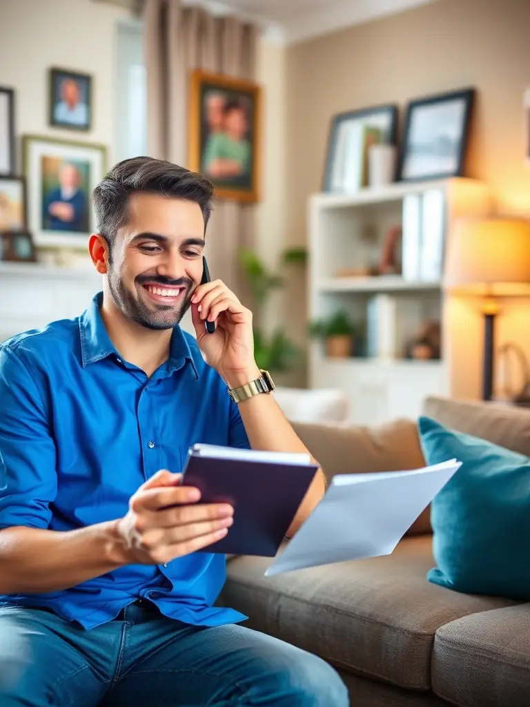 A friendly 10menmovers representative on the phone, smiling and taking notes during a consultation with a potential client in their home. The setting is a cozy living room.