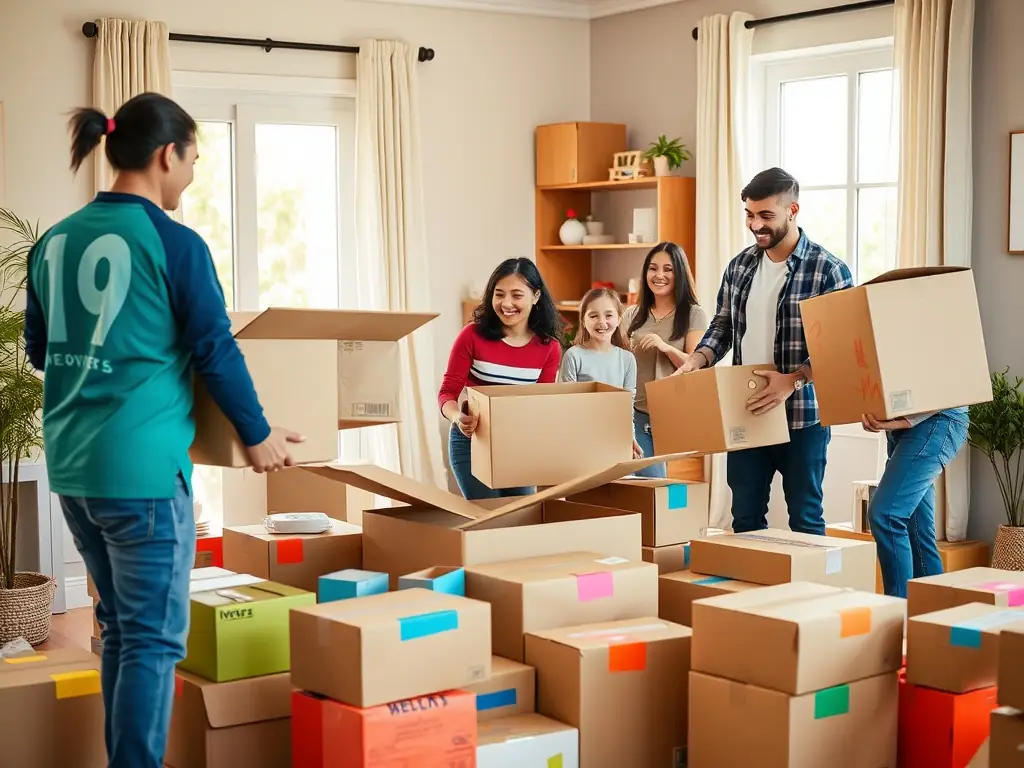 A family smiling as they unpack boxes in their new home, with 10menmovers truck visible in the background.