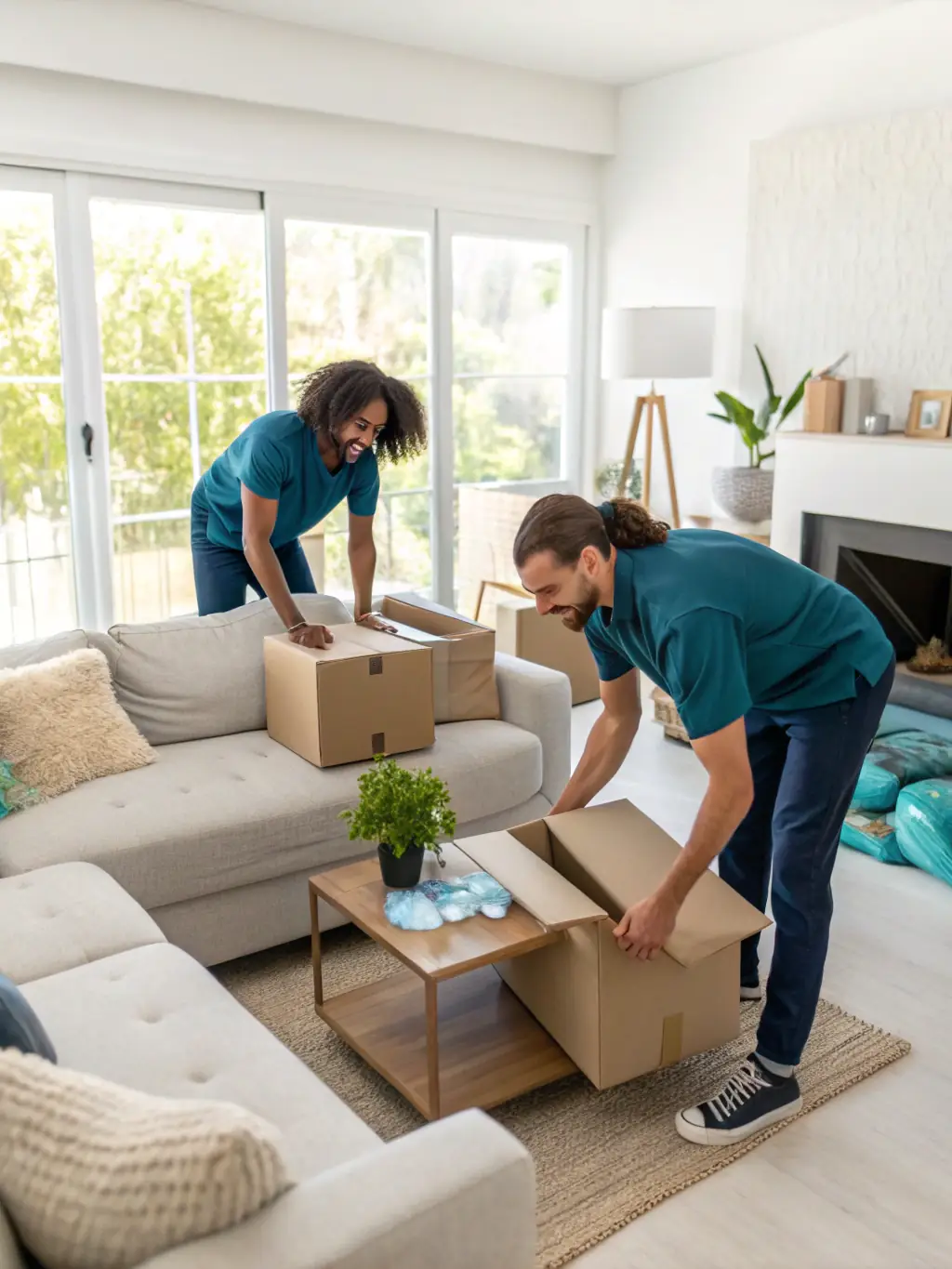 A 10menmovers team unloading boxes and furniture into a new home, placing items carefully according to the client's instructions. The new home is bright and welcoming.