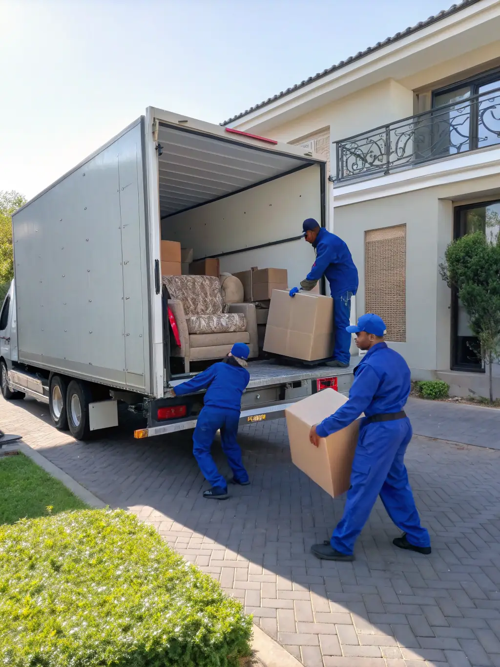 A 10menmovers truck being loaded with furniture and boxes by a team of movers. The truck is clean and well-maintained, parked in front of a house.