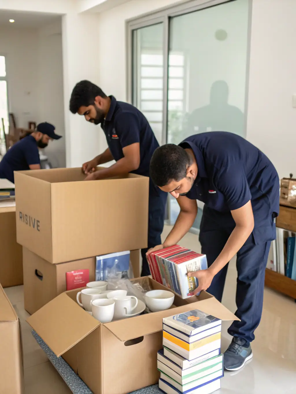 10menmovers team carefully packing fragile items in a client's kitchen, using bubble wrap and sturdy boxes. The kitchen is well-lit and organized.