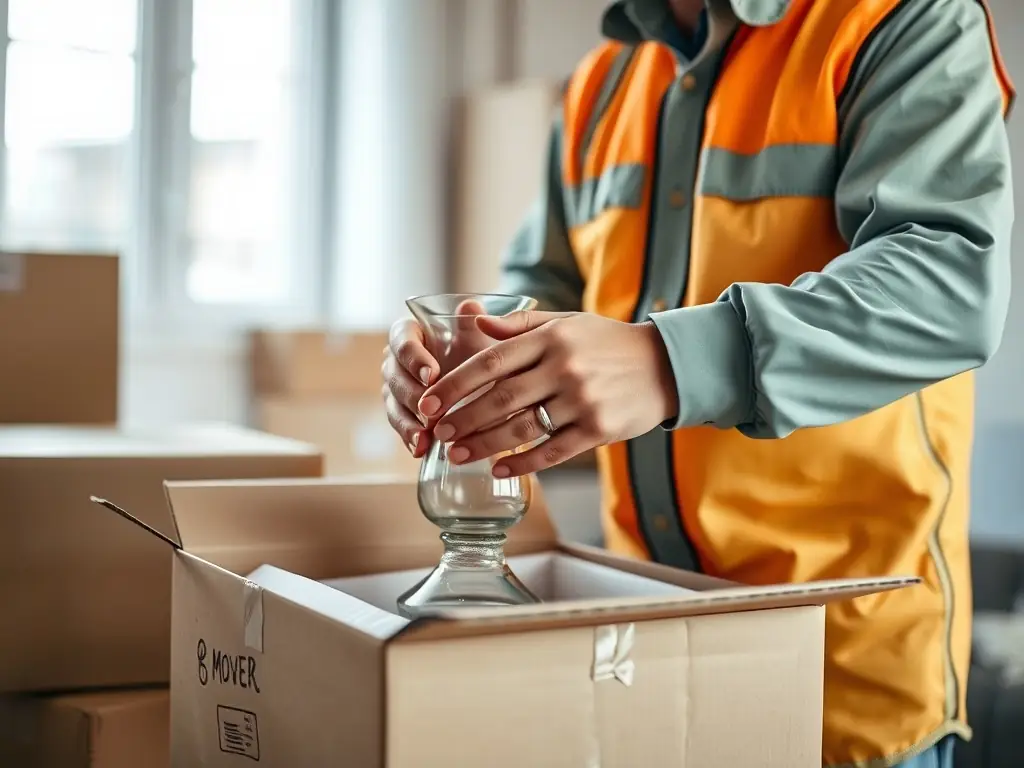 A 10menmovers employee carefully wrapping fragile items with packing paper and bubble wrap.